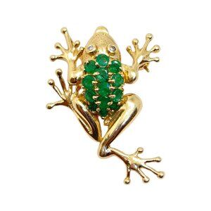 Vintage 14K Yellow Gold Emerald Frog Pendant Brooch